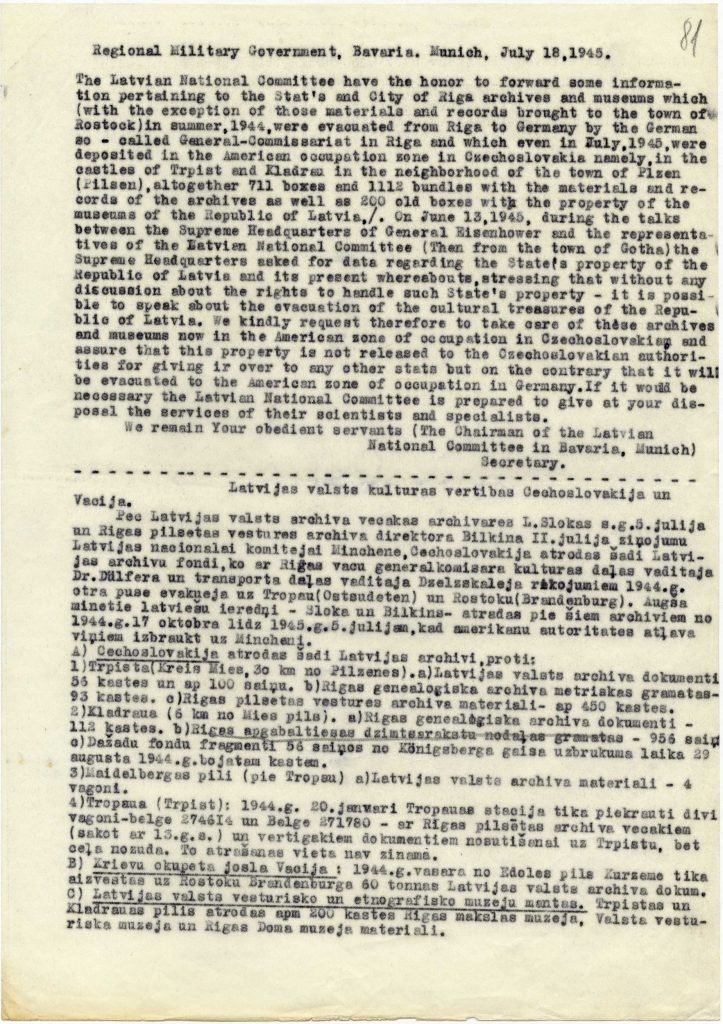 Informācija par evakuētajiem arhīviem un to atrašanās vietām. 1945. gada 18. jūlijs. Avots: LNA_LVA_F2176_1-v_166, 81. lp.