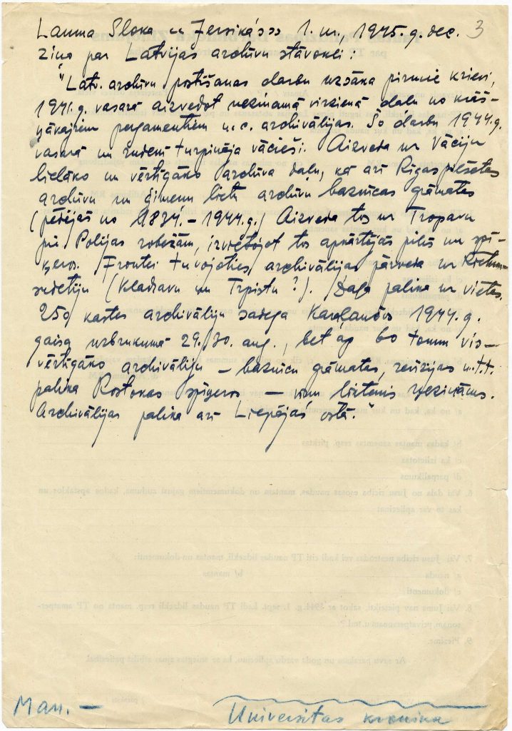Laumas Juliānas Slokas ziņojums par evakuēto arhīvu stāvokli. 1945. gads. Avots: LNA_LVA_F2176_1-v_336, 3. lp.