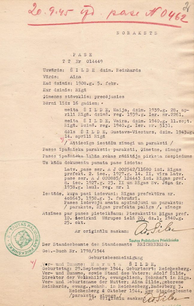 Ainas Šildes pases noraksts. 1944. gads. Avots: LNA_LVA_F2176_1v_319, 2. lp.