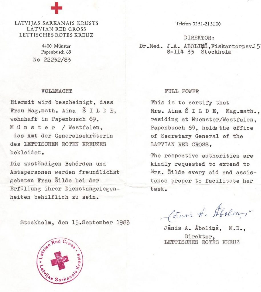 Latvijas Sarkanā Krusta apliecinājums, ka Aina Šilde ir Latvijas Sarkanā Krusta ģenerālsekretāre. Izsniegts 1983. gada 15. septembrī. Avots: LNA_LVA_F2176_1v_320, 6. lp.