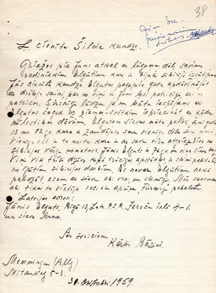 Ainas Šildes sarakste ar Kārli Bērziņu par palīdzības sūtījumiem. 1959. gada 31. oktobris. Avots: LNA_LVA_F2176_2v_211, 38. lp.