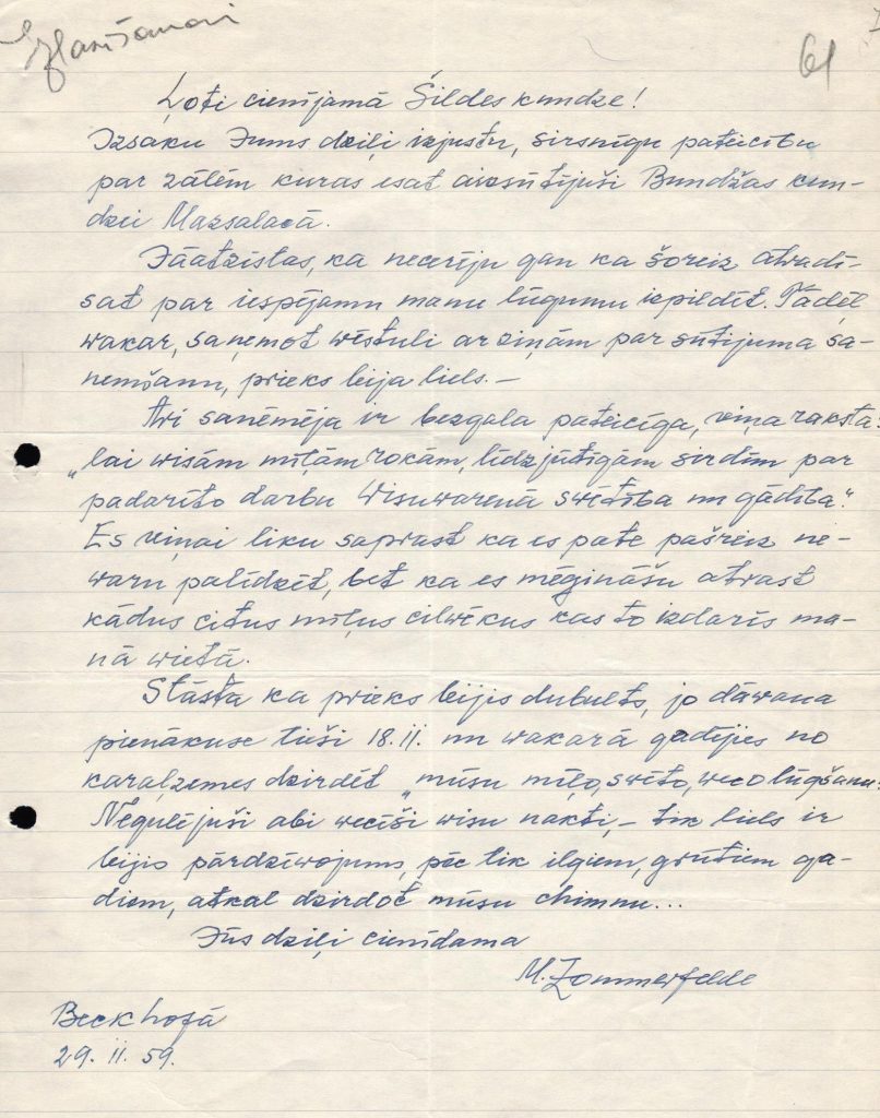 Ainas Šildes sarakste ar M. Zommerfeldu par palīdzības sūtījumiem. 1959. gada 29. novembris. Avots: LNA_LVA_F2176_2v_211, 61. lp.