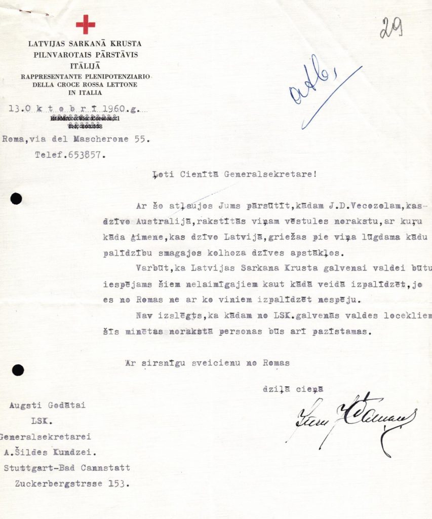 LSK pilnvarotā Itālijā Jāzepa Čamaņa vēstule LSK Ģenerālsekretārei Ainai Šildei. 1960. gada 13. oktobrī. Avots: LNA_LVA_F2176_2v_212, 29. lp.