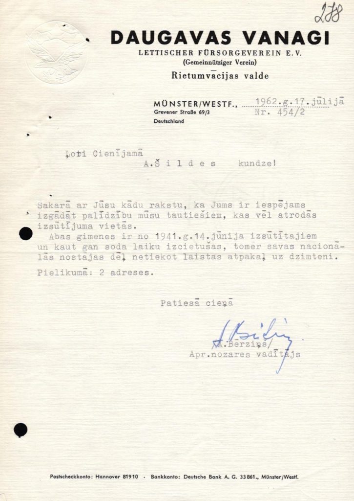 Ainas Šildes sarakste ar Daugavas Vanagu Aprūpes nozares vadītāju Alfrēdu Jāni Bērziņu. 1962. gada 17. jūlijs. Avots: LNA_LVA_F2176_2v_215, 278. lp.
