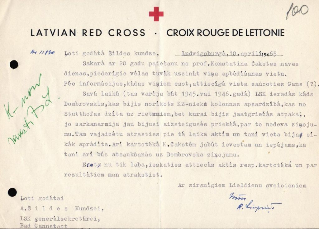 Latvijas Sarkanā Krusta ģenerālsekretāres Ainas Šildes sarakste ar LSK direktoru Robertu Liepiņu. 1965. gada 10. aprīlis. Avots: LNA_LVA_F2176_2v_218, 100. lp.