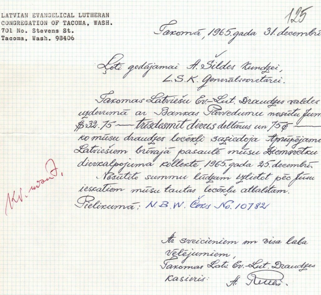Latvijas Sarkanā Krusta ģenerālsekretāres Ainas Šildes sarakste ar Takomas Latviešu Ev. Lut. Draudzes kasieri. 1965. gada 31. decembris. Avots: LNA_LVA_F2176_2v_218, 125. lp.