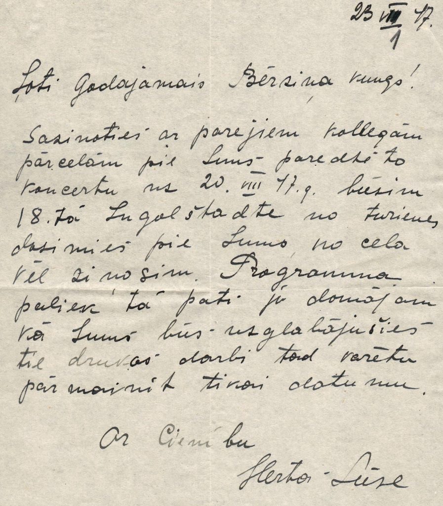 Hertas Lūses vēstule literātam un mākslas kritiķim Jānim Bērziņam par koncertiem Ingolštatē, Vācijā. 1947. gada 23. jūlijs. Avots: LNA_LVA_F2248_1v_25, 1. lp.