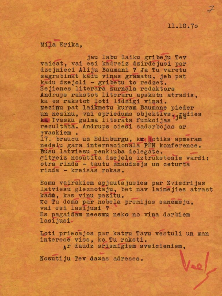 Veltas Sniķeres vēstule savai jaunības dienu draudzenei gleznotājai Ērikai Romanei. Avots: LNA_LVA_F2401_1v_12, 7. lp.