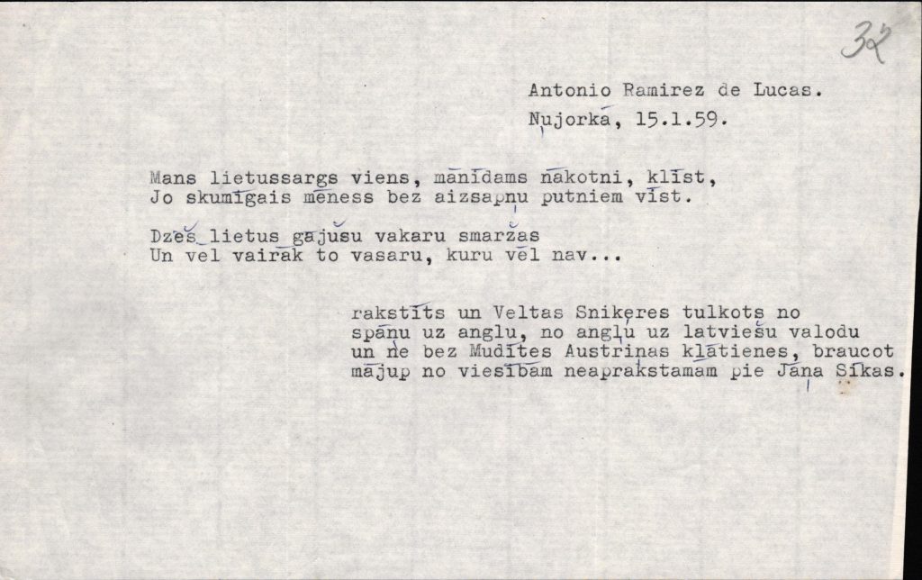 Veltas Sniķeres ekspromta tulkojums. Avots: LNA_LVA_F2422_1v_15, 32. lp.