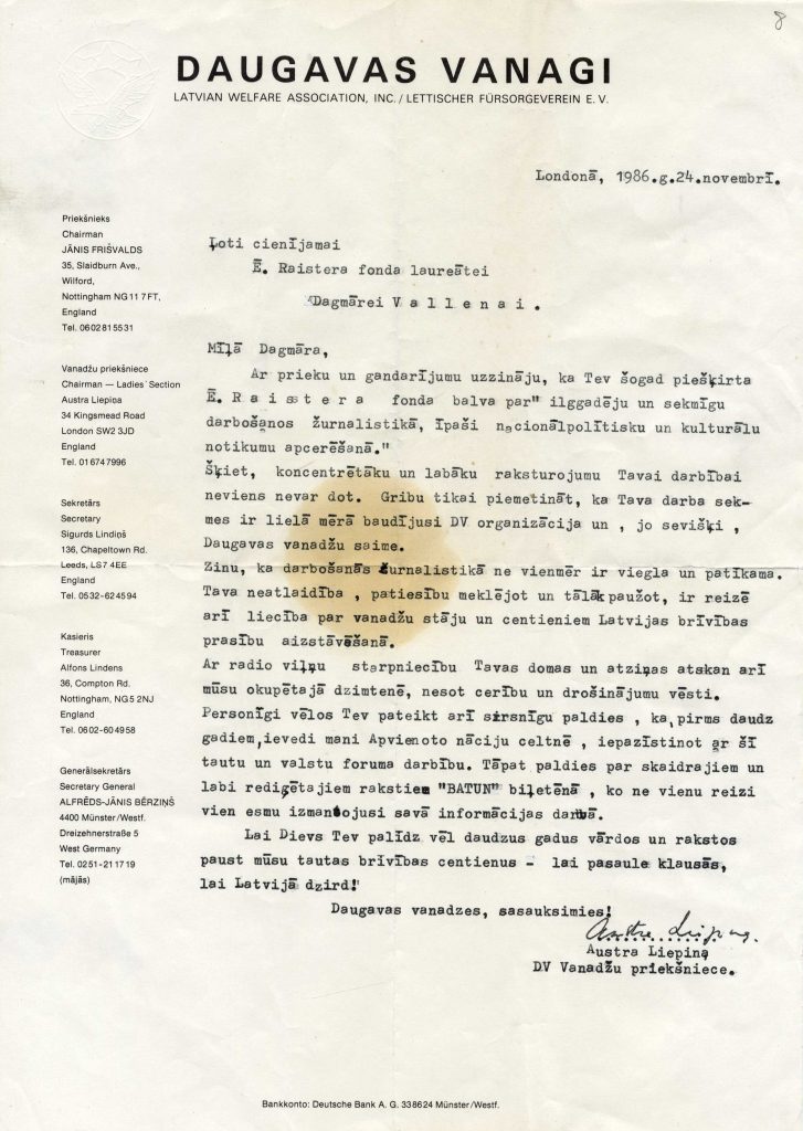 Daugavas Vanadžu priekšnieces Anglijā Austras Liepiņas vēstule Dagmārai Vallenai par Ē. Raistera fonda balvu. 1986. gada 24. novembris. Avots: LNA_LVA_F2579_1-v_1, 8. lp.