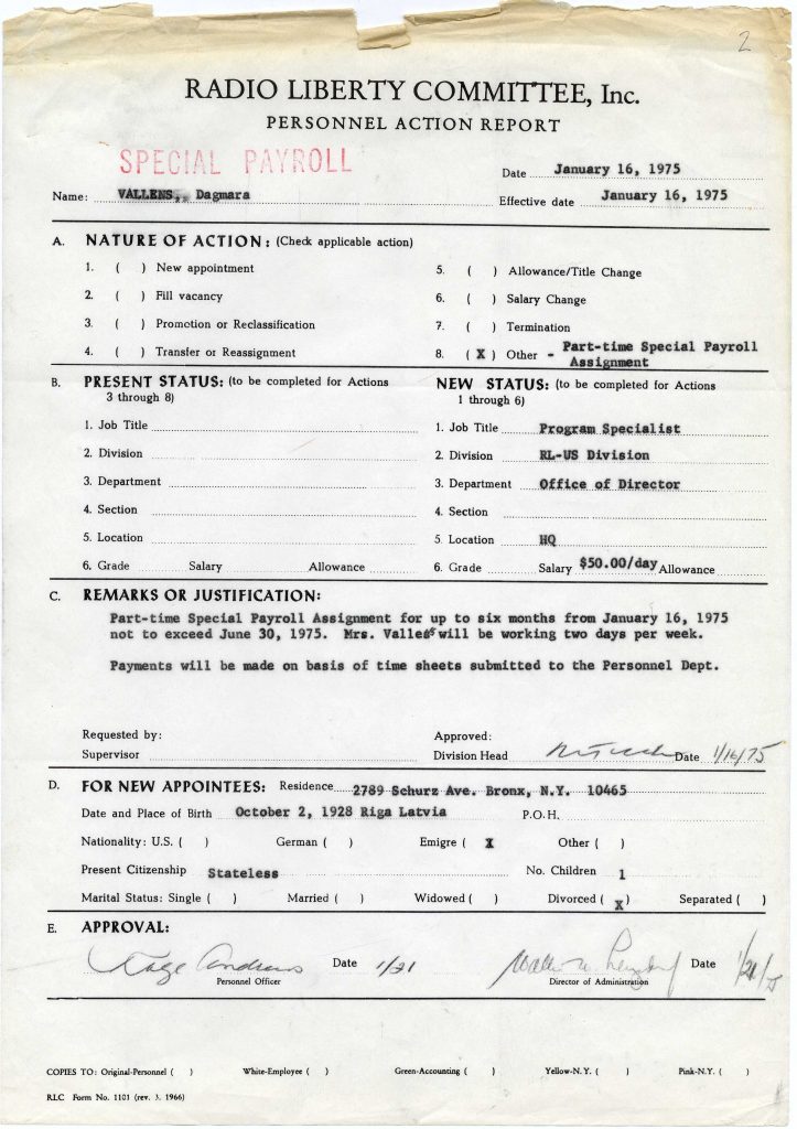 Radio Brīvība darbinieces Dagmāras Vallenas darbības pārskats. 1975. gada 16. janvāris. Avots: LNA_LVA_F2579_1-v_2, 2. lp.