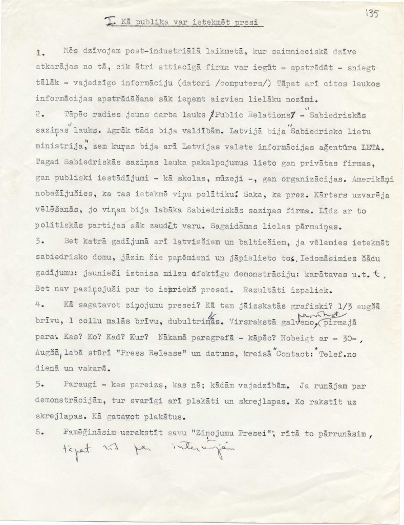 Fragments no Dagmāras Vallenas manuskripta "Kā publika var ietekmēt presi". Avots: LNA_LVA_F2579_1-v_21, 135. lp.