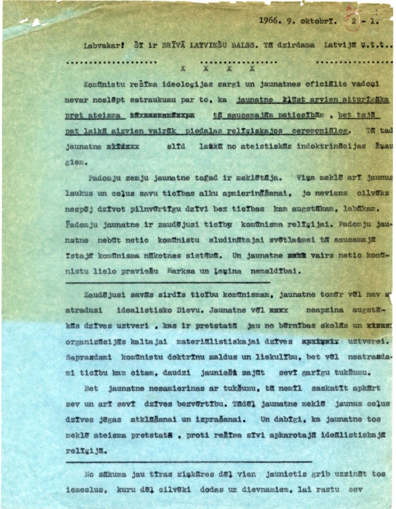 Fragments no Brīvā latviešu balss raidījuma manuskripta. 1966. gads. Avots: LNA_LVA_F2579_1-v_33, 1. lp.