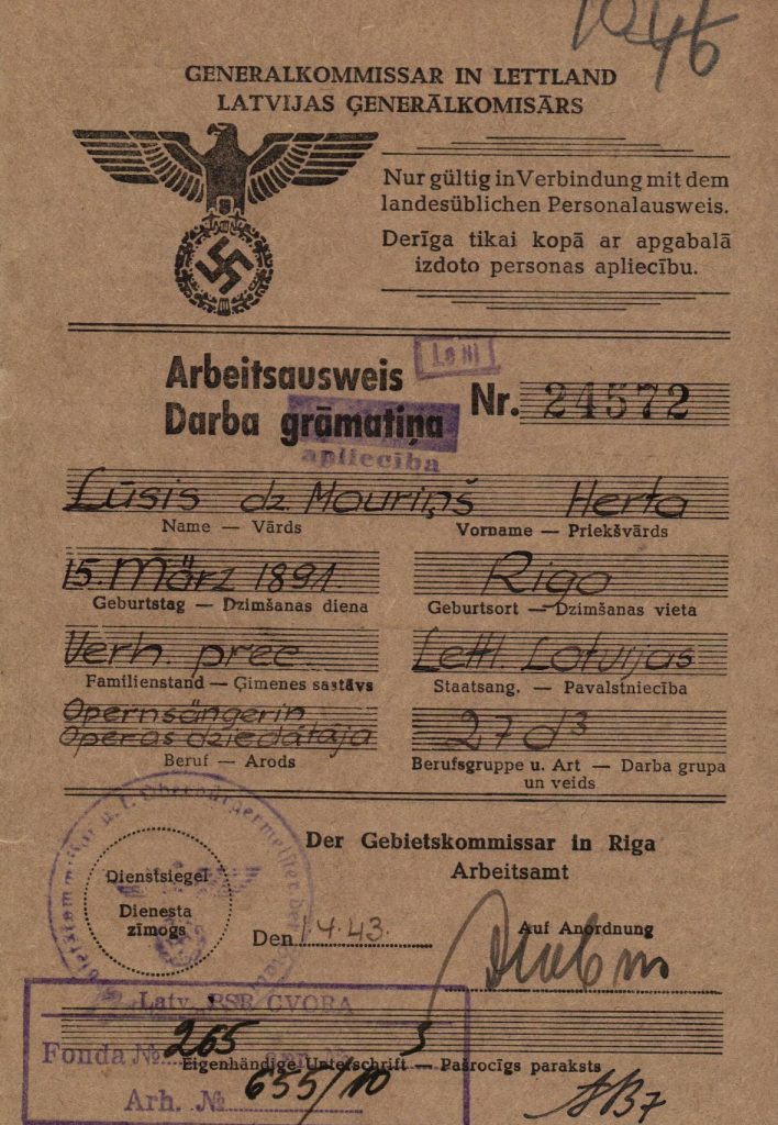 Hertas Lūses darba grāmatiņa. Izdota 1943. gada 1. aprīlī. Avots: LNA_LVA_F265_3_655, 10. lp.