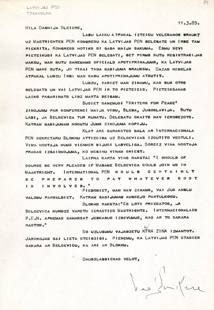 Veltas Sniķeres vēstule Dagnijai Sleierei par vēlmi piedalīties PEN kongresā. Avots: LNA_LVA_F2709_1v_2, 14. lp.
