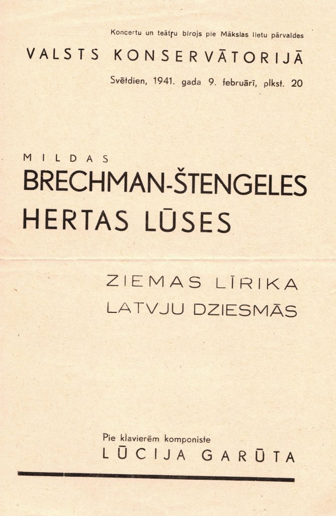 Hertas Lūses, Mildas Brehmanes-Štengeles un Lūcijas Garūtas koncerta programma 1941. gada 9. februārī Valsts Konservatorijā. Avots: LVA_F2023_1v_2, 15. lp.