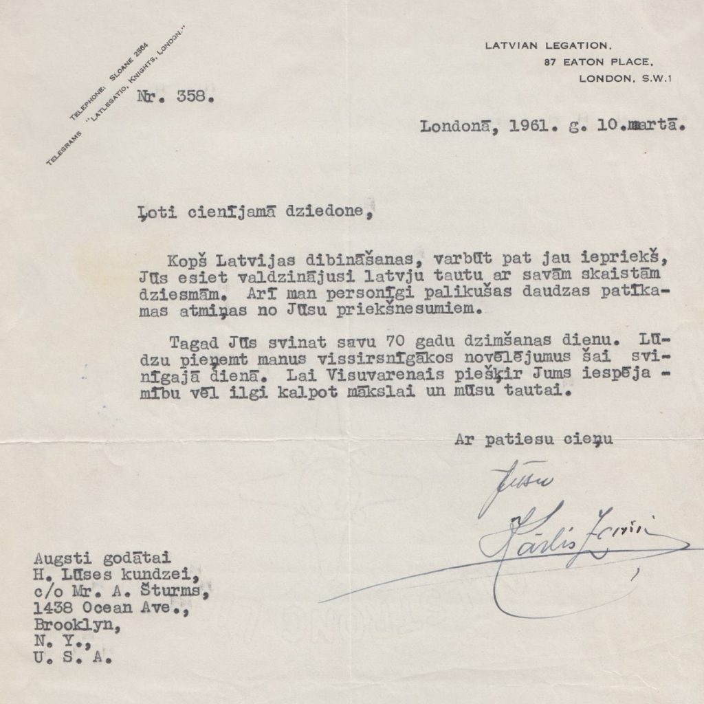 Latvijas sūtņa un ārkārtējo pilnvaru nesēja Lielbritānijā Kārļa Zariņa apsveikuma vēstule Hertai Lūsei 70 gadu jubilejā, 1961. gads. Avots: LVA_F2023_1v_5