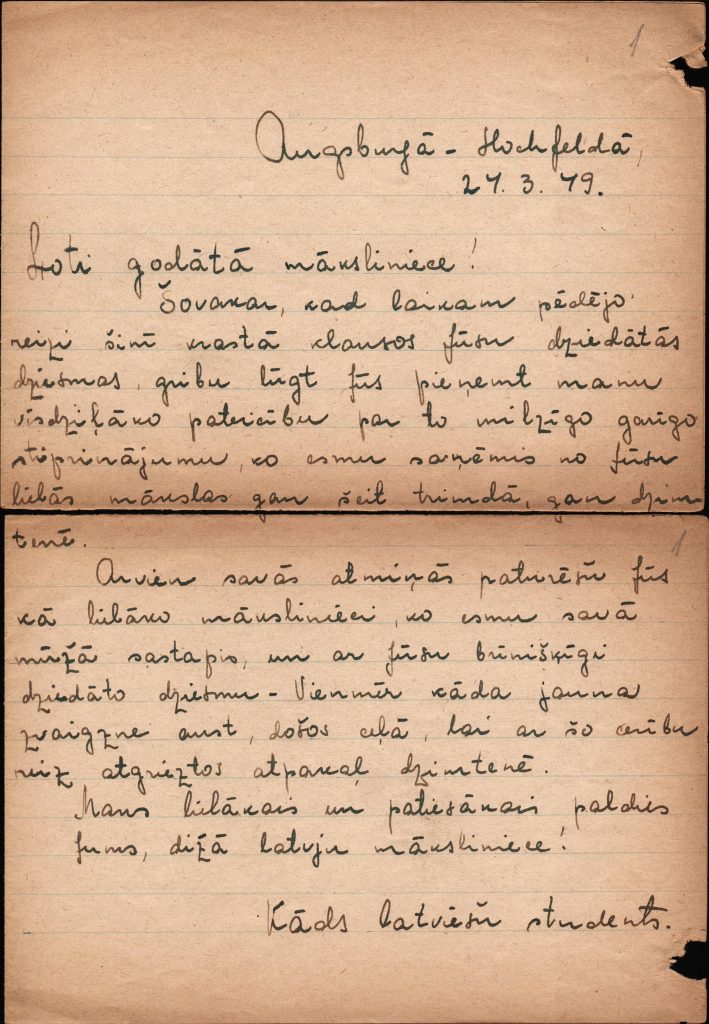 Nezināma autora pateicības vēstule Hertai Lūsei. 1949. gads. Avots: LVA_F2023_1v_53, 1. lp.