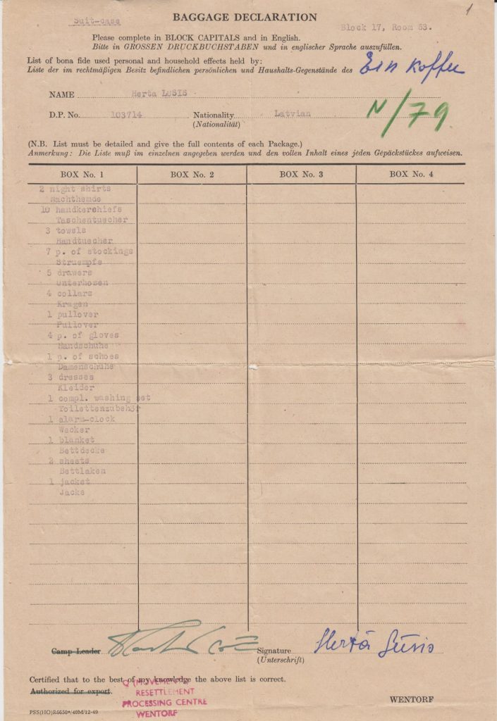 Hertas Lūses muitas deklarācija izceļojot no Vācijas uz Ameriku. 1950. gads. Avots: LNA_LVA_F2023_1v_16