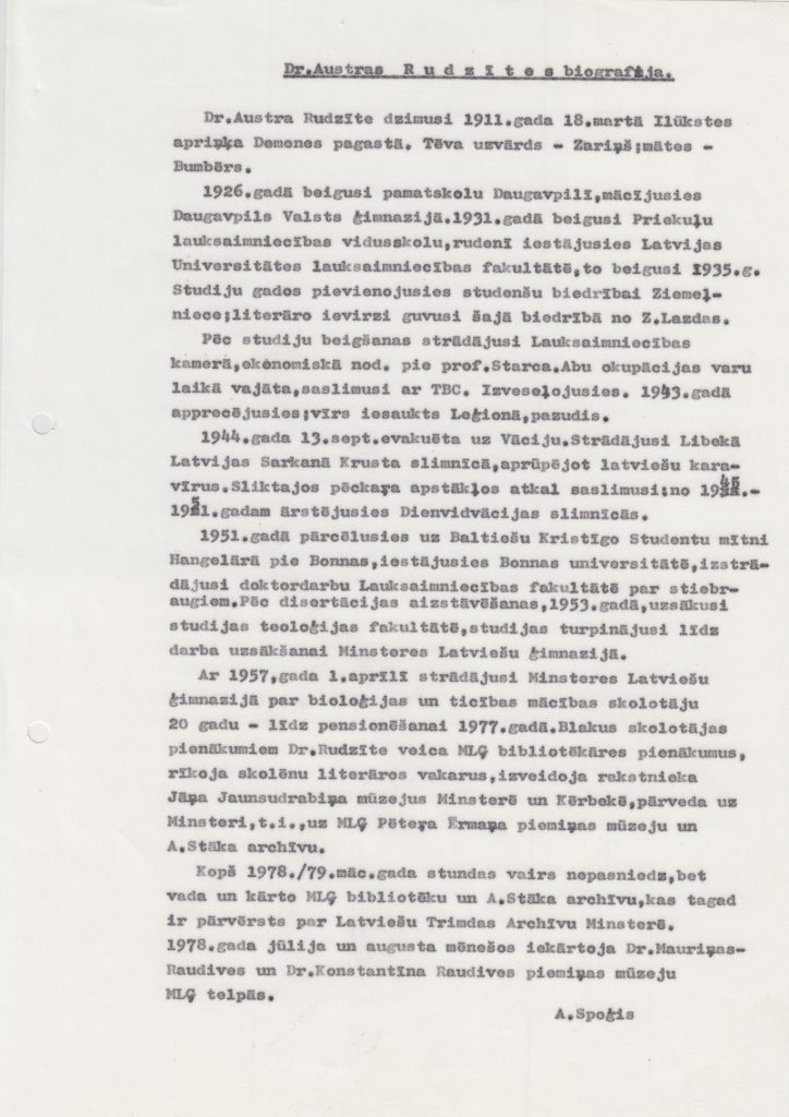 Austras Rudzītes dzīves apraksts. Avots: Latviešu diasporas arhīvs Minhenē.
