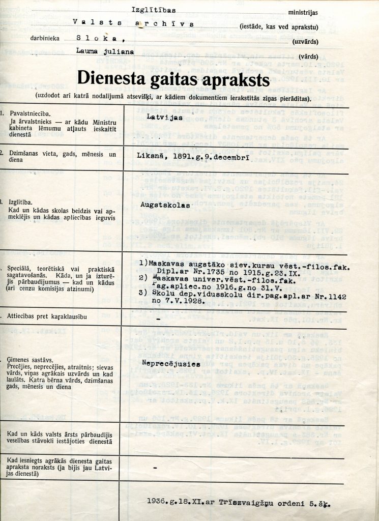 Laumas Juliānas Slokas dienesta gaitas apraksts. 20. gs. 30. gadi. Avots: LVVA_F2580_2_300, 1. lp.