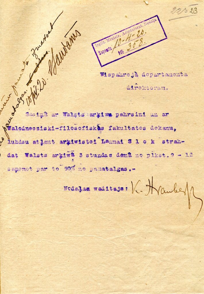 Lūgums atļaut Laumai Julliānai Slokai strādāt Valsts arhīvā 3 stundas dienā. 1920. gads. Avots: LVVA_F2580_2_300, 23. lp.