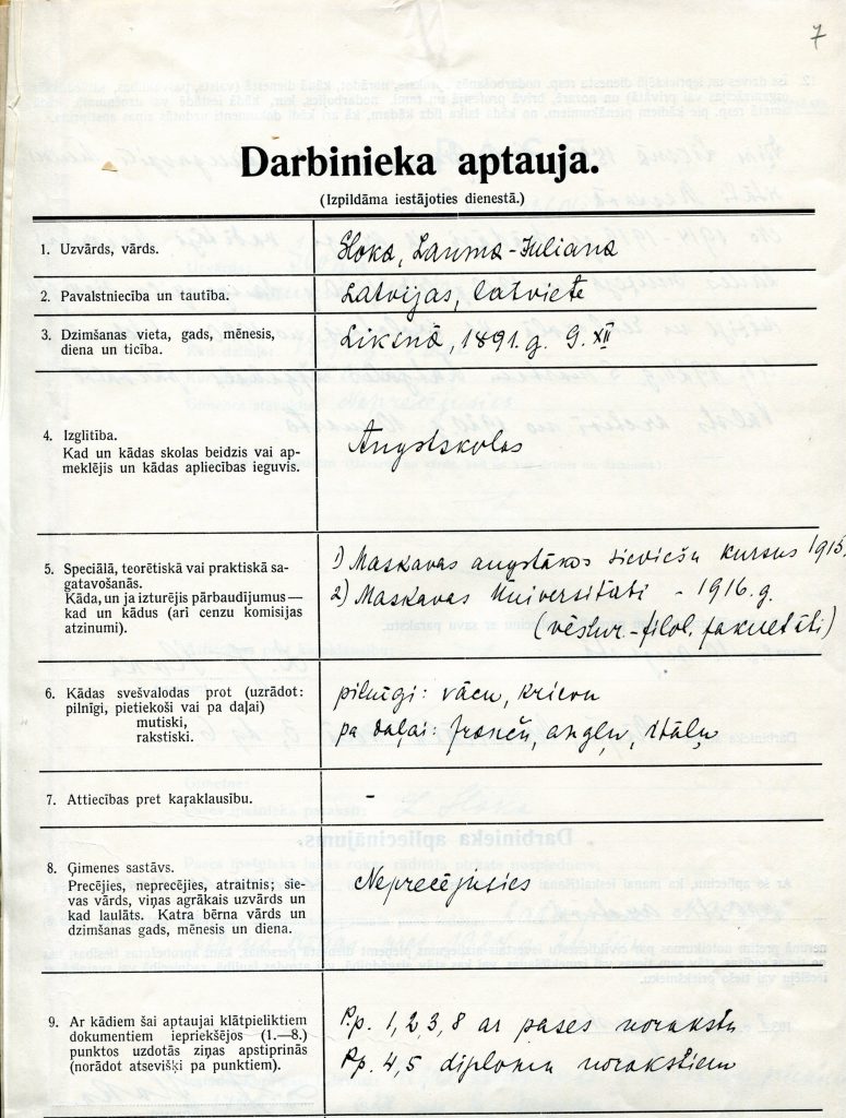 Laumas Juliānas Slokas darbinieka aptauja. 1938. gads. Avots: LVVA_2580_2_300, 7. lp.