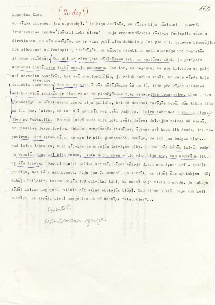 Elzas Lapukinas atmiņas, sūtītas Valentīnai Lasmanei, par viņas bēgļu ceļu uz Zviedriju 1944. gada 21. decembrī. Avots: LNA_LVA_F2250_80-v_7, 173. lp.