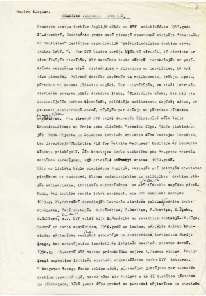 Fragments no Daugavas vanadžu Anglijas kopas vadītājas Austras Liepiiņas manuskripta par vanadžu pirmsākumiem Anglijā. Avots: LNA_LVA_F2292_1-v_1, 1. lp.