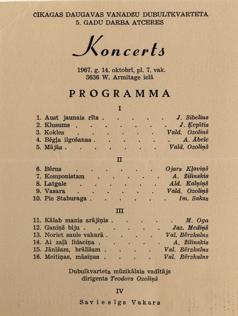 Čikāgas Daugavas vanadžu dubultkvarteta piecu gadu darba atceres koncerts, 1967. gada 14. oktobris. Avots: NA_LVA_F2296_1-v_48, 90. lp.