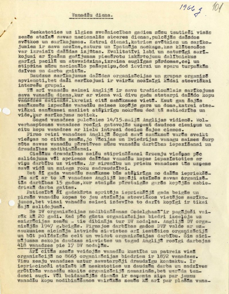 Daugavas vanadžu pamatlicējas Marijas Ķeņģes manuskripts par Vanadžu dienām. 1966. gads. Avots: LNA_LVA_F2303_5v_25, 101. lp.