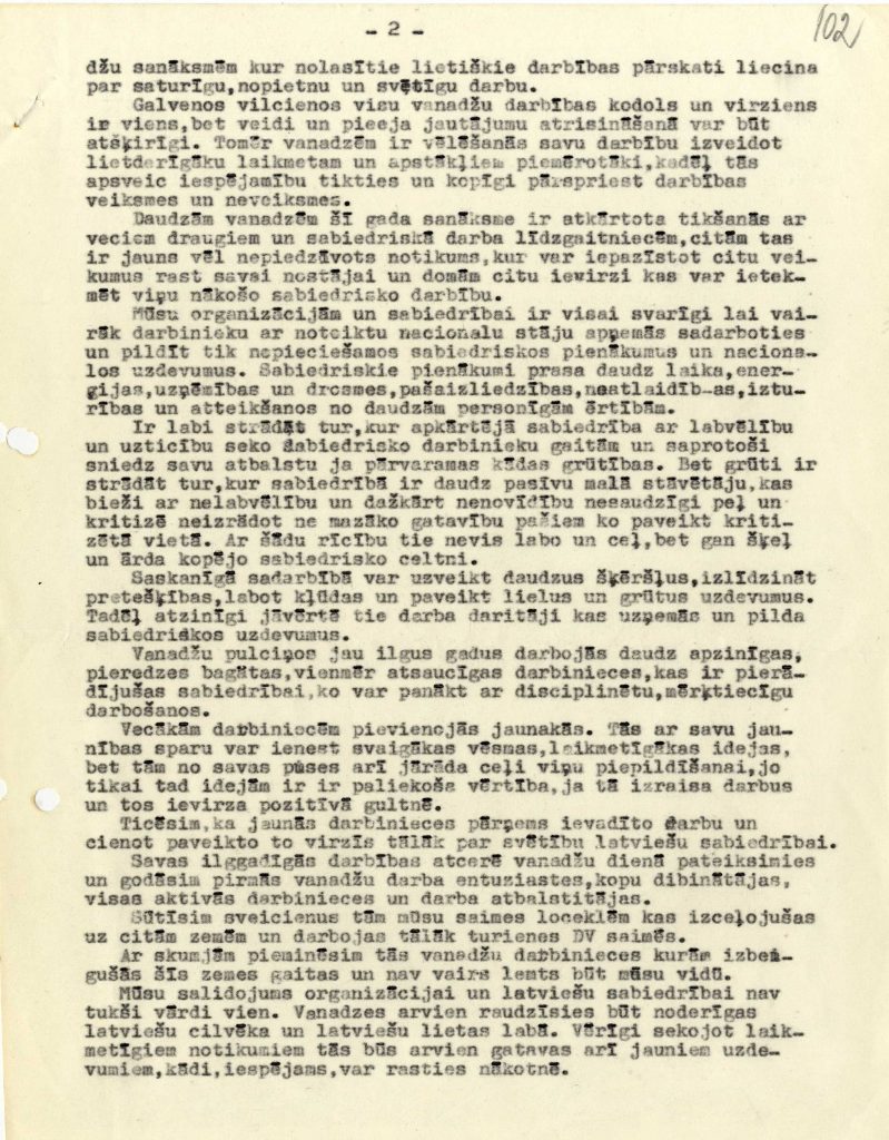Daugavas vanadžu pamatlicējas Marijas Ķeņģes manuskripts par Vanadžu dienām. 1966. gads. Avots: LNA_LVA_F2303_5v_25, 102. lp.