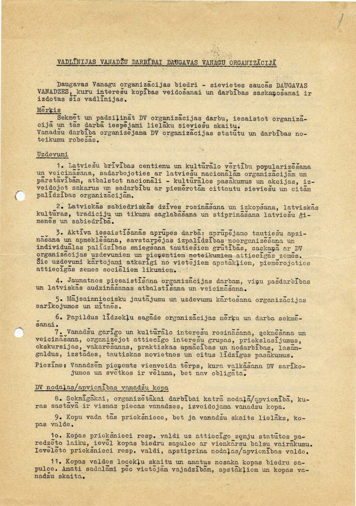 Vadlīnijas Daugavas vanadžu darbībai Daugavas vanagu organizācijā. 1971. gads. Avots: LNA_LVA_F2330_2_1, 1. lp.