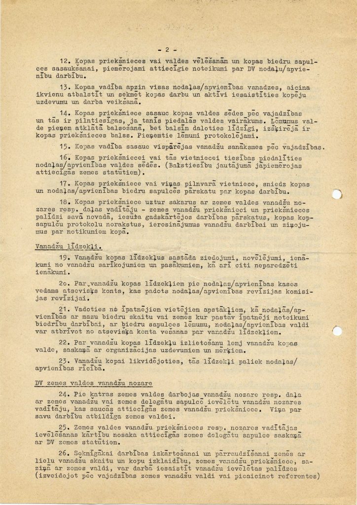 Vadlīnijas Daugavas vanadžu darbībai Daugavas vanagu organizācijā. 1971. gads. Avots: LNA_LVA_F2330_2_1, 2. lp.