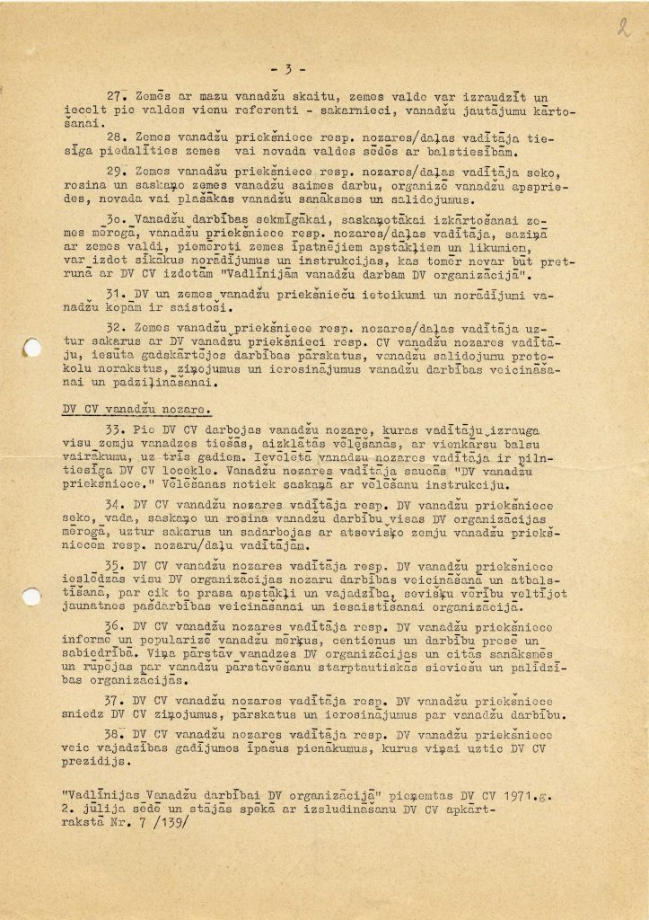 Vadlīnijas Daugavas vanadžu darbībai Daugavas vanagu organizācijā. 1971. gads. Avots: LNA_LVA_F2330_2_1, 3. lp.