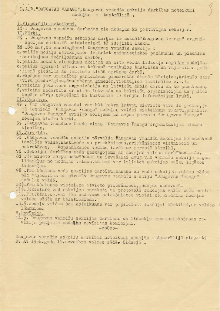 Daugavas vanadžu sekciju darbības noteikumi nodaļām Austrālijā. 1956. gads. Avots: LNA_LVA_F2330_2_1, 3. lp.