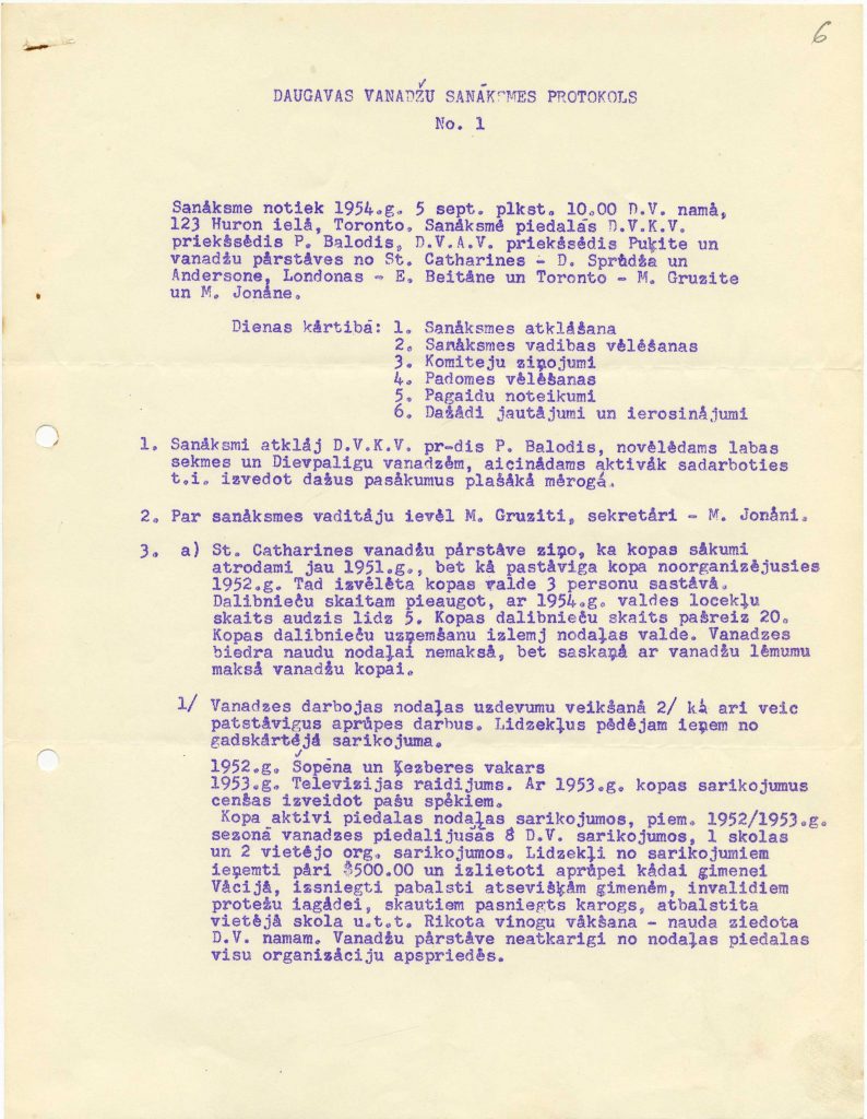 Daugavas vanadžu Kanādas kopas dibināšanas protokols, 1954. gada 5. septembris. Avots: LNA_LVA_F2552_1-v_83, 6. lp.