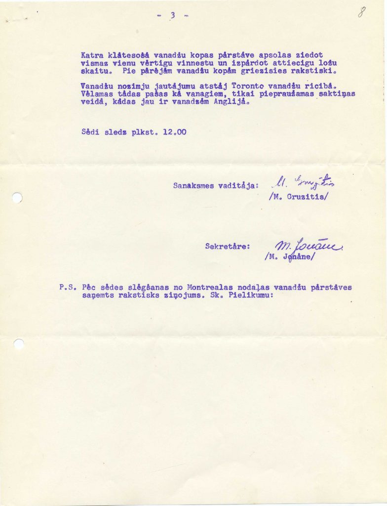 Daugavas vanadžu Kanādas kopas dibināšanas protokols, 1954. gada 5. septembris. Avots: LNA_LVA_F2552_1-v_83, 8. lp.