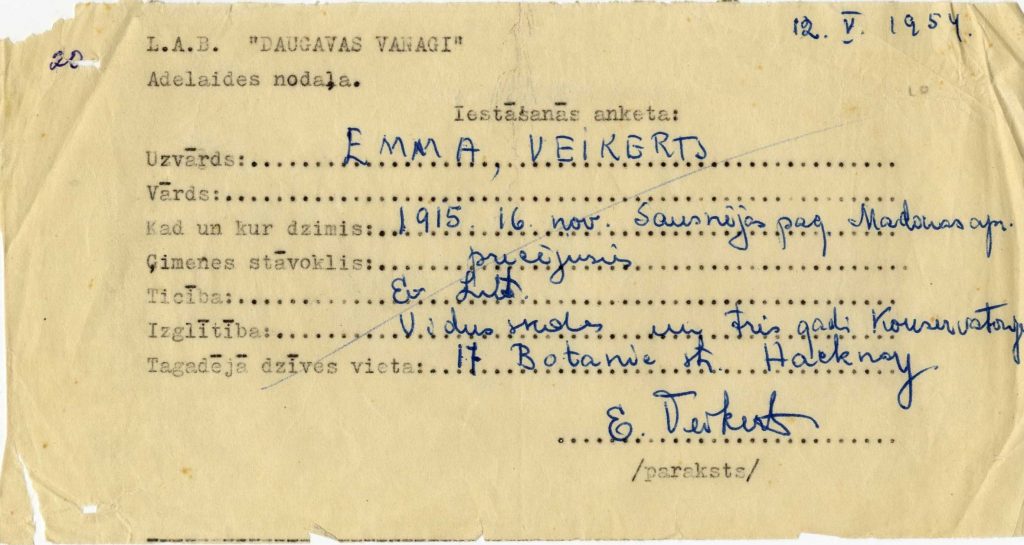 Emmas Veikerts iestāšanās anketa Daugavas vanadžu Adelaides nodaļā, 1954. gads. Avots: LNA_LVA_f2183_1-v_74, 20. lp.